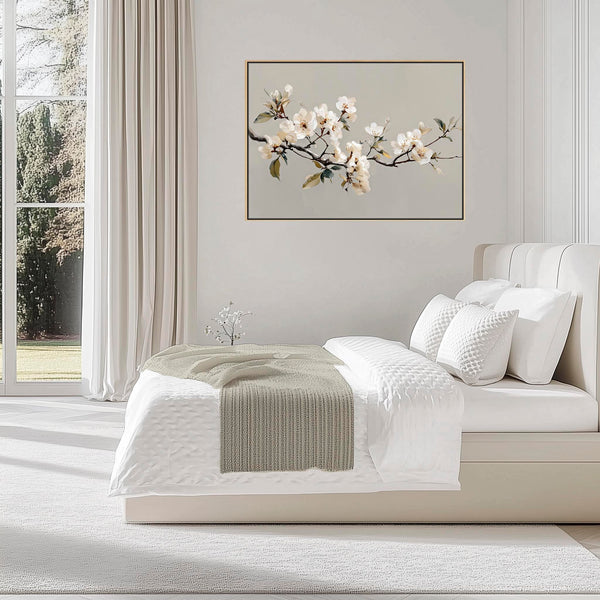 Neutral Cream Grey Framed Bedroom Wall Art over Bed - Spring