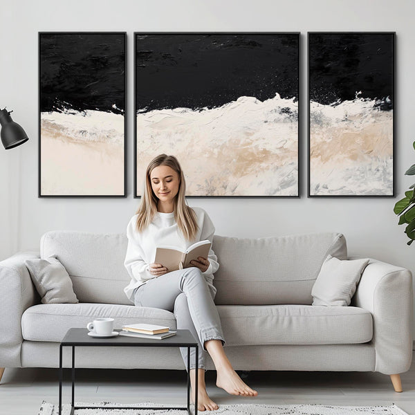 Set of 3 Neutral Beige Black Framed Canvas Wall Art Abstract Wave