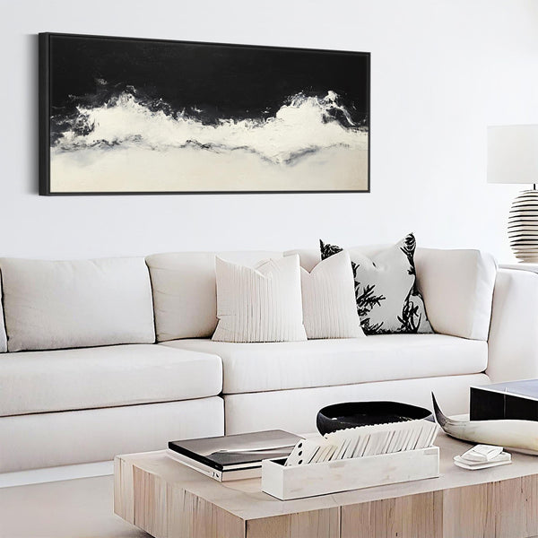 Neutral Beige Black Framed Horizontal Artwork Canvas Cream Wave Panoramic
