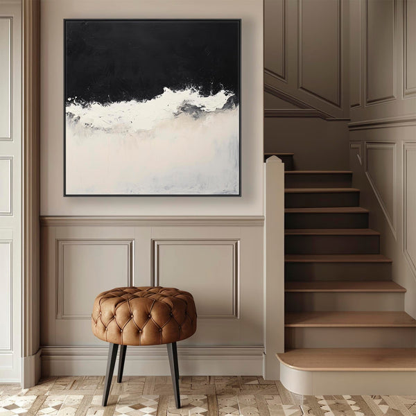 Neutral Beige Black Framed Square Artwork Canvas Cream Tide