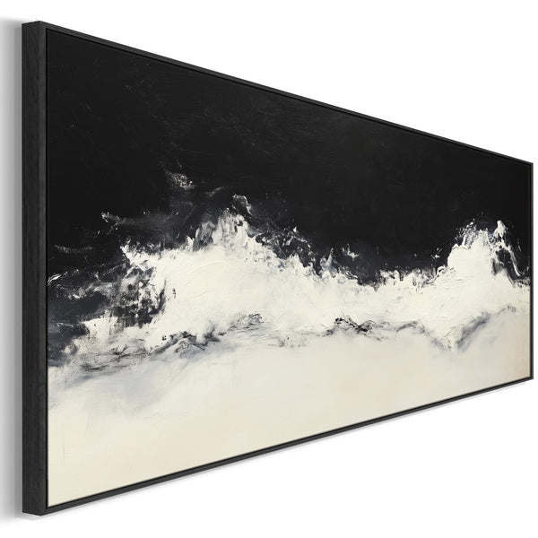 Neutral Beige Black Framed Horizontal Artwork Canvas Cream Wave Panoramic