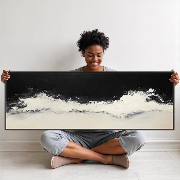Neutral Beige Black Framed Horizontal Artwork Canvas Cream Wave Panoramic