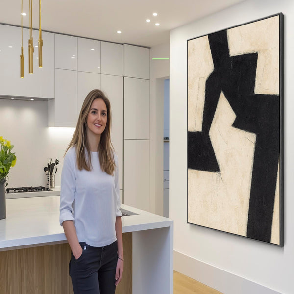 Beige Black Abstract Framed Artwork - Neutral Fracture