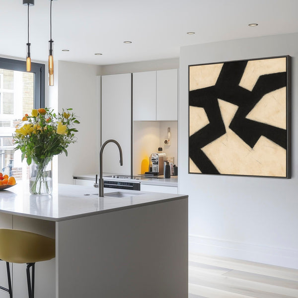 Beige Black Abstract Artwork Canvas Framed - Neutral Pathways