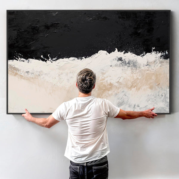 Cream Beige Black Framed Abstract Artwork Canvas Neutral Wave