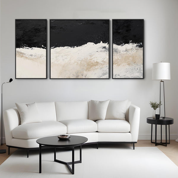 Set of 3 Neutral Beige Black Framed Canvas Wall Art Abstract Wave