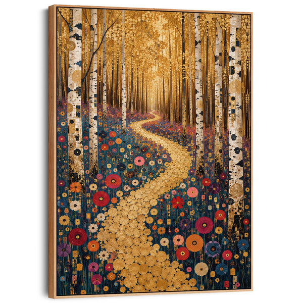 Gustav Klimt inspired Colourful Framed Canvas Art Birch Pathway