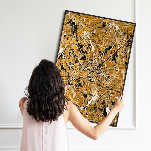 Mustard Yellow Abstract Framed Canvas Art Jackson Pollock Style