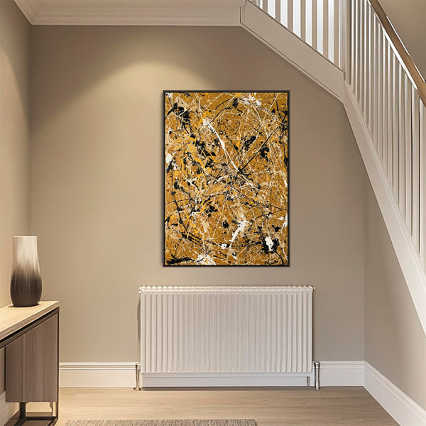 Mustard Yellow Abstract Framed Canvas Art Jackson Pollock Style
