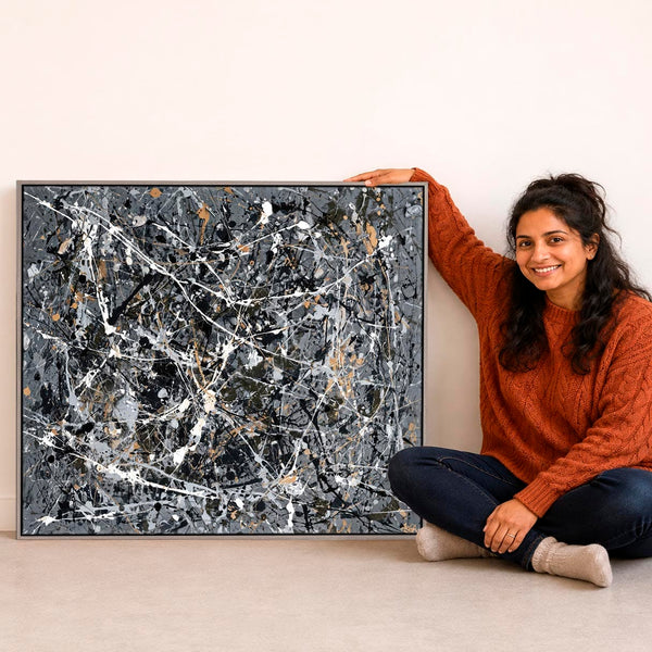 Steel Grey Jackson Pollock Style Framed Canvas Artwork - Storm