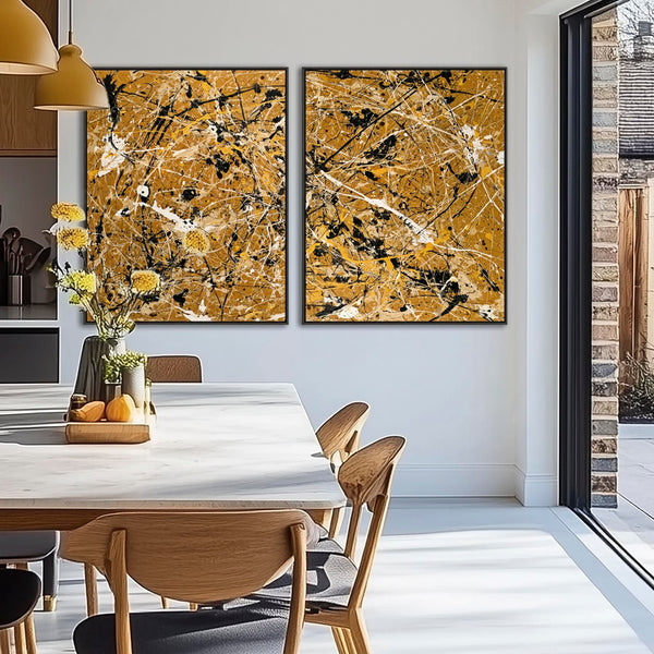 Extra Large Framed Abstract Canvas XL Set of 2 Mustard Yellow