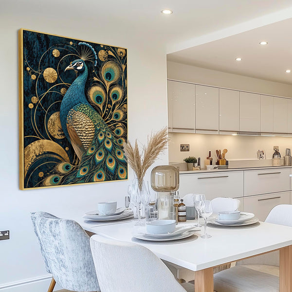 Celestial - Navy & Gold Peacock Framed Art Nouvuea Canvas Print