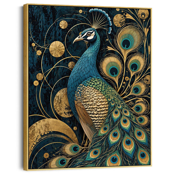Celestial - Navy & Gold Peacock Framed Art Nouvuea Canvas Print