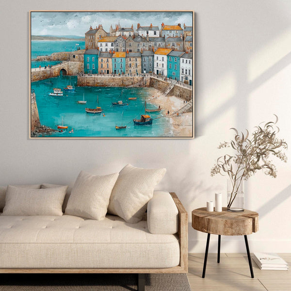 Coastal Cornish Harbour Framed Seaside Artwork on Canvas Blue