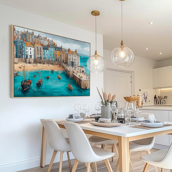 Coastal Cornish Seaside Framed Wall Art on Canvas Blue