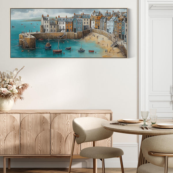 Coastal Cornwall Harbour Wide Framed Horizontal Wall Art in Blue