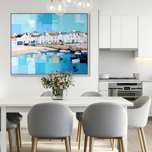 Large Blue White Coastal Art Print - Framed Cornish Seaside 1