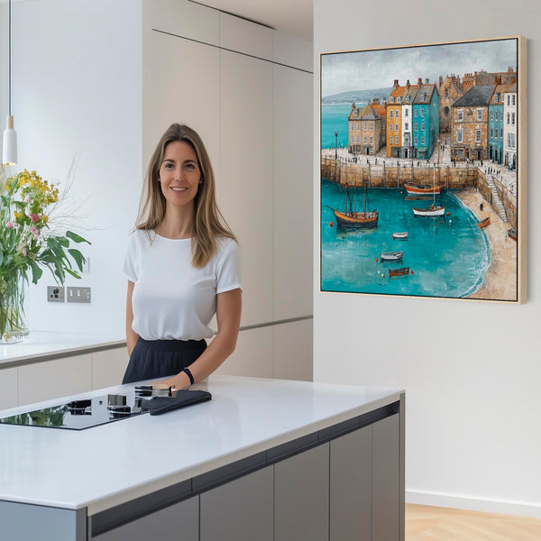 Cornwall Coastal Framed Artwork on Canvas Blue