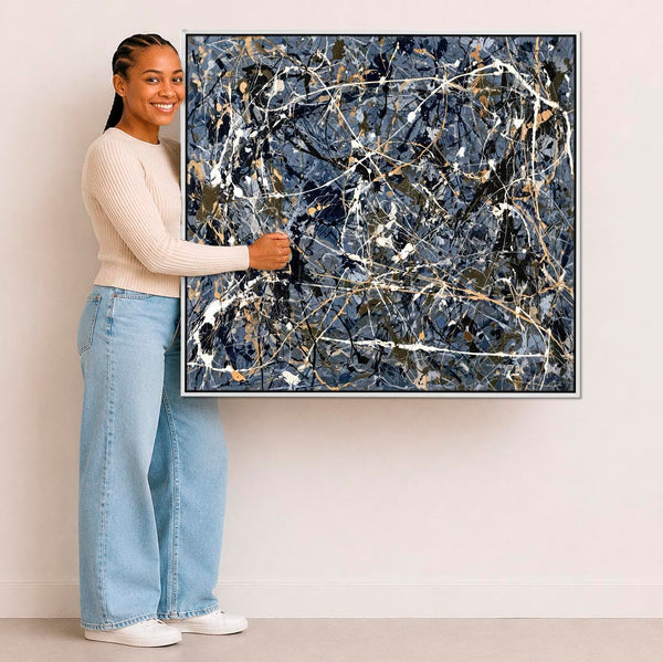 Blue Cream Abstract Framed Canvas Picture Jackson Pollock Style
