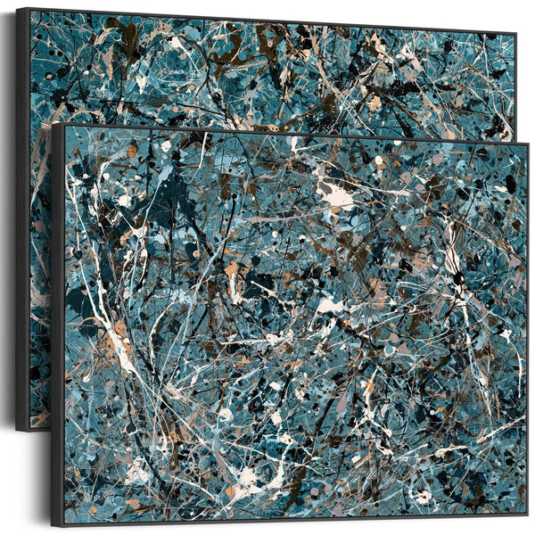 Extra Large Teal Jackson Pollock Inspired Pair Framed Canvases