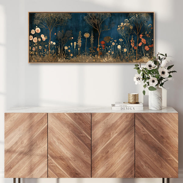 Wide Gustav Klimt inspired Framed Canvas - Golden Wildflower