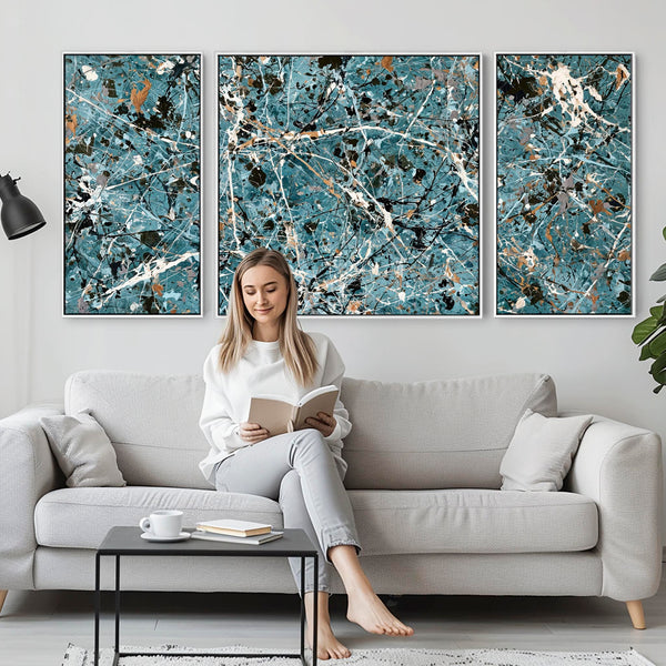 Set of 3 Teal Jackson Pollock Inspired Abstract Framed Canvas