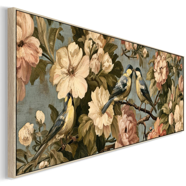 Wide Bedroom Framed Canvas Art over Bed Vintage Birds Flowers