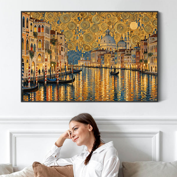 Golden Yellow Gustav Klimt inspired Framed Canvas - Venice Glow