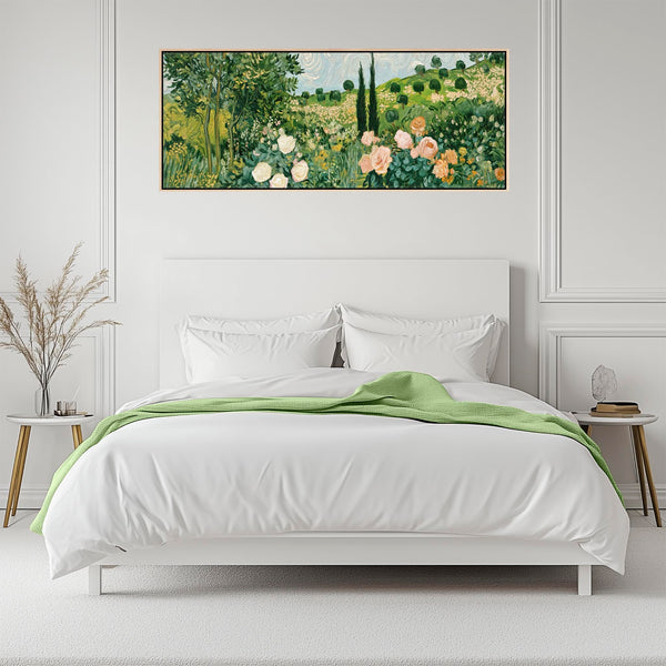 Wide Vincent Van Gogh inspired Framed Landscape Canvas in Green