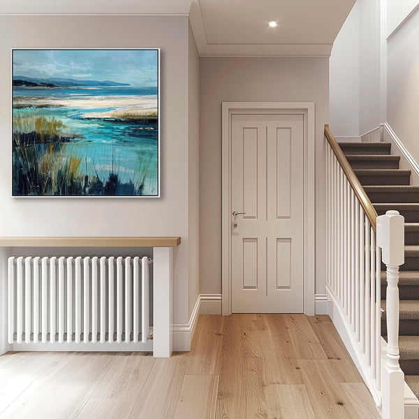 Teal Blue Green Framed Scottish Landscape Canvas - Beach View