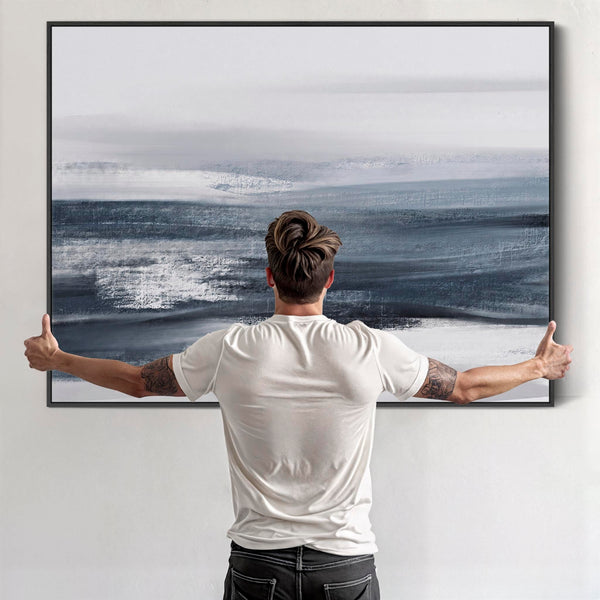Extra Large Blue Grey Abstract Framed Wall Art Canvas - Deep Ocean Tide