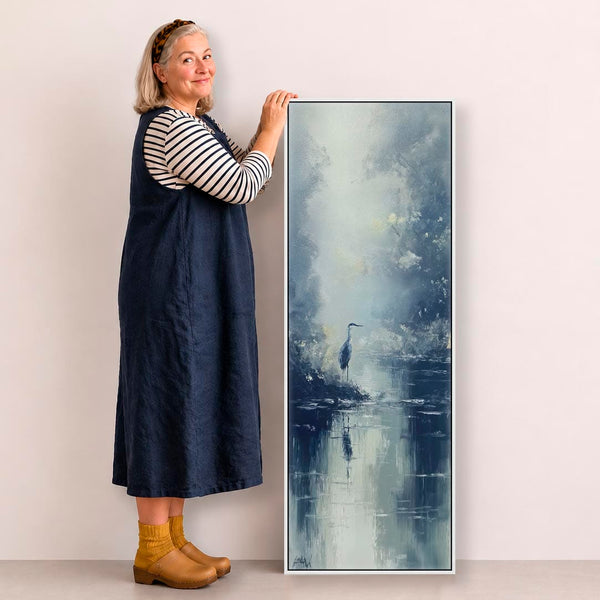 Tall Heron Bird Lake Framed Canvas Wall Art - Misty Blue Grey
