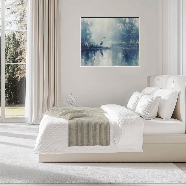 Heron Bird Misty Lake Framed Canvas Wall Art Print - Blue Grey