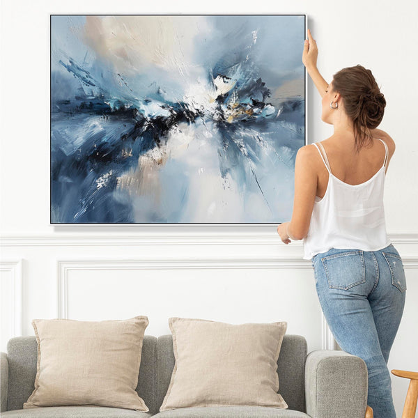 Blue White Abstract Framed Artwork XL - Skybound Echo
