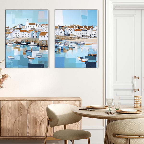 Large Set of 2 Coastal Wall Art - Framed Pair - Cornish Harbour Canvases