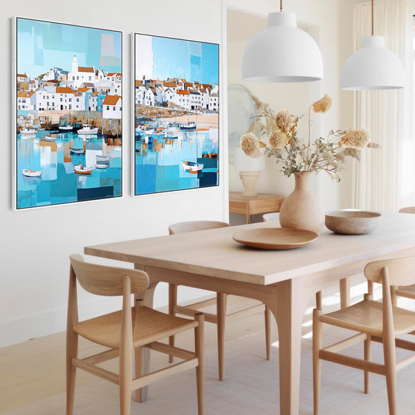 Large Set of 2 Coastal Wall Art - Framed Pair - Cornish Harbour Canvases