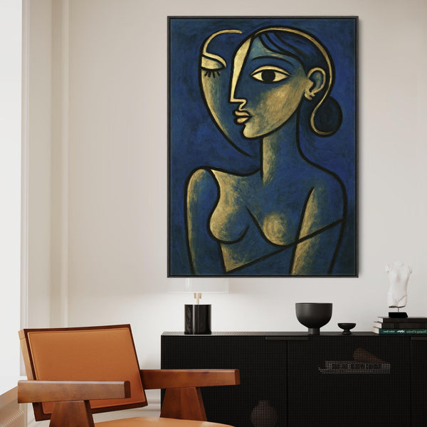 Blue Abstract Framed Canvas Print Picasso Style - Thoughtful Silence