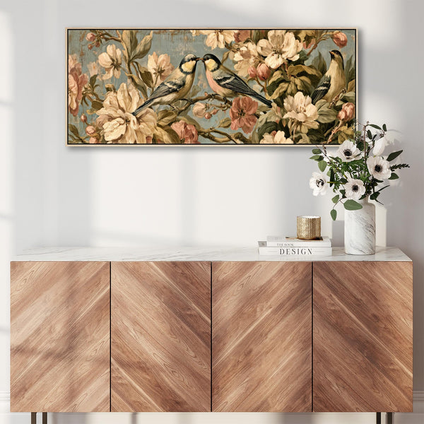 Wide Vintage Birds Flowers Framed Long Canvas Art Dawn Chorus