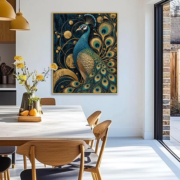 Celestial - Navy & Gold Peacock Framed Art Nouvuea Canvas Print