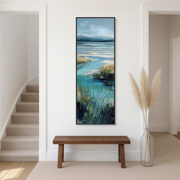 Tall Teal Blue Framed Beach Landscape on Canvas - Serenity