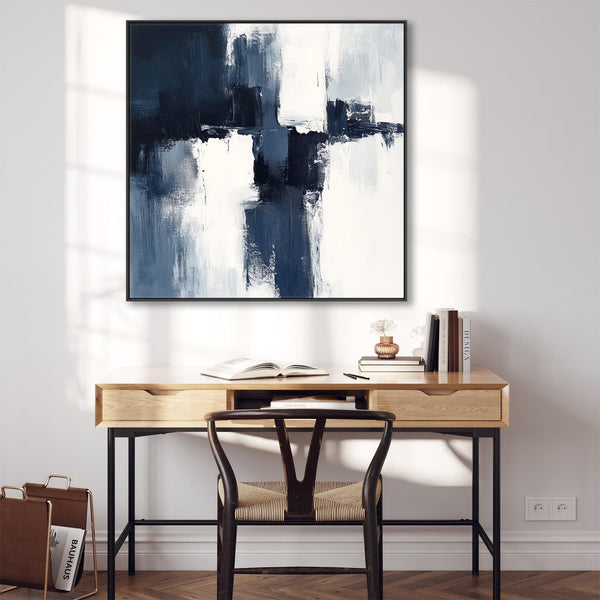 Blue White Abstract Artwork Framed Square XL - Midnight Axis
