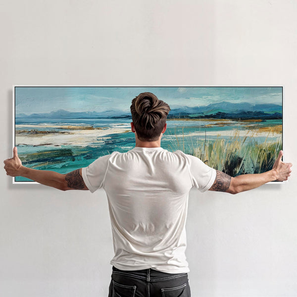 Wide Teal Blue Framed Beach Wall Art on Canvas - Coastal Calm