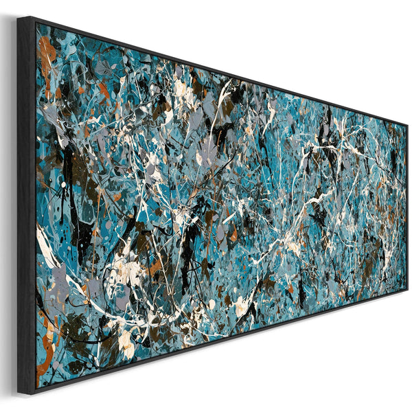 Wide Teal Horizontal Framed Canvas Jackson Pollock Style Art