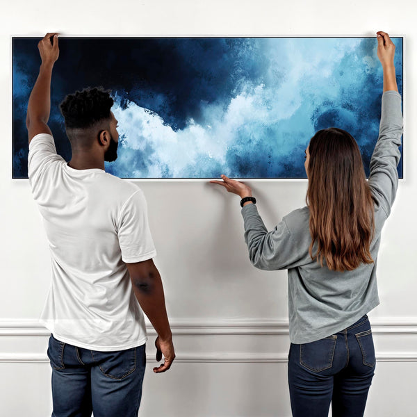 Blue White Abstract Framed Wall Art Print Panoramic - Mirage