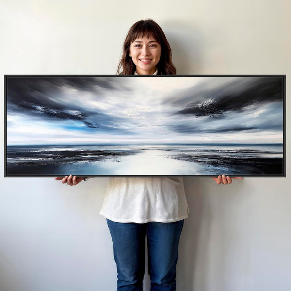 Blue White Horizontal Abstract Canvas Art - Nordic Horizon