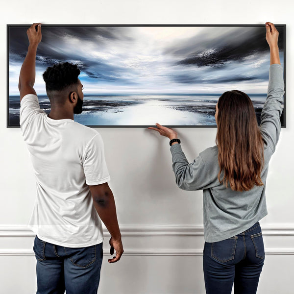 Blue White Horizontal Abstract Canvas Art - Nordic Horizon