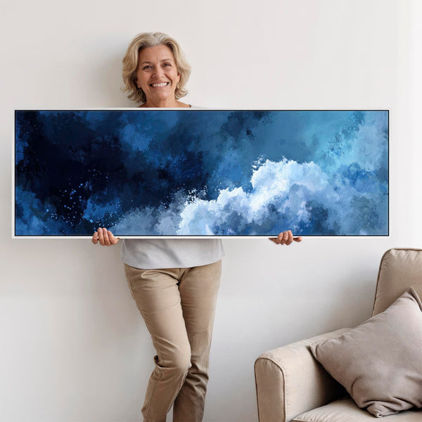 Blue White Abstract Wall Art Framed Canvas Wide Horizontal - Ocean Escape