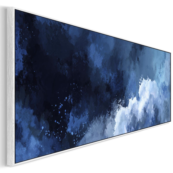 Blue White Abstract Wall Art Framed Canvas Wide Horizontal - Ocean Escape