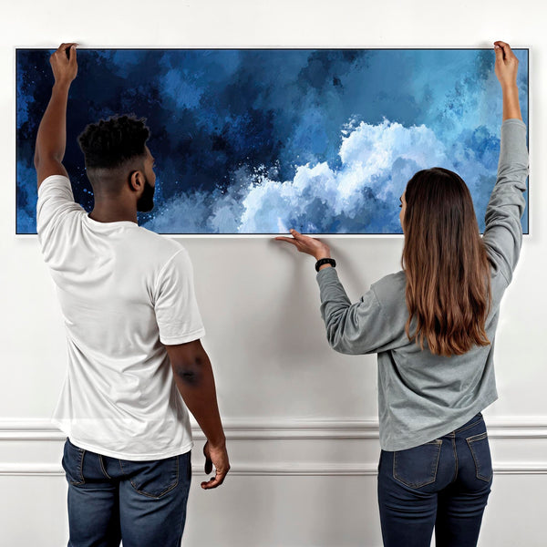 Blue White Abstract Wall Art Framed Canvas Wide Horizontal - Ocean Escape