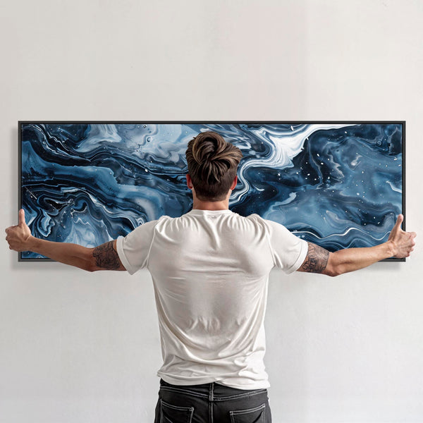 Blue White Abstract Artwork Framed Wide Panoramic - Ocean Sway